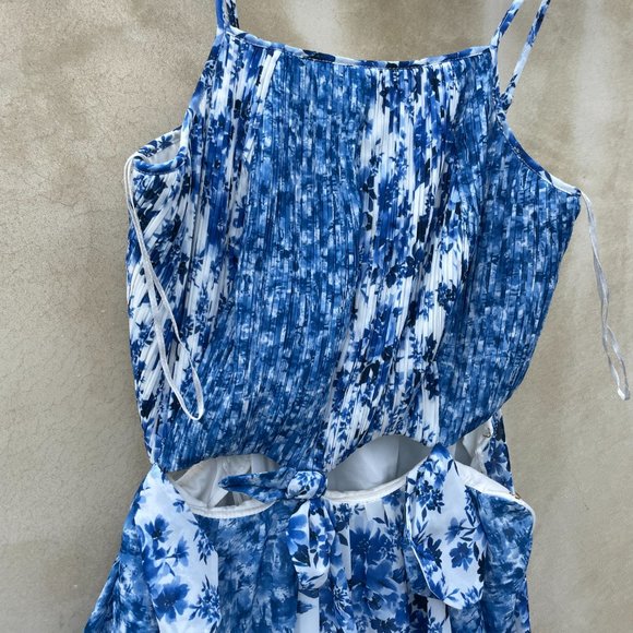 Amur Holland Tie Pleated Chiffon Maxi Spaghetti Strap Dress Blue Floral Print - Picture 9 of 13